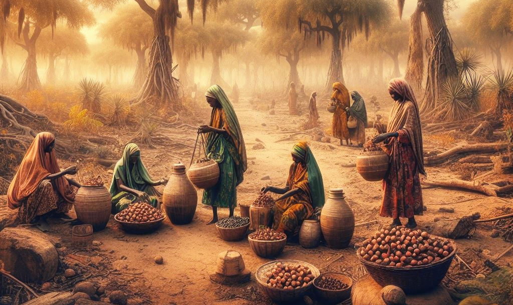 African tribal women collecting Shea fruits  from forest 