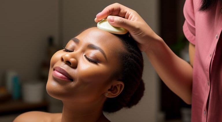 Woman applying shea butter to her scalp